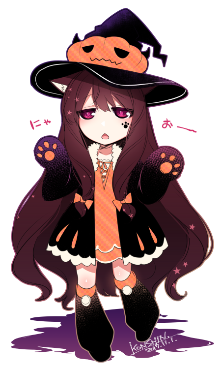 1girl animal_ears arm_warmers black_hat blush bow brown_hair chestnut_mouth chibi commentary_request dated dress ears_down eyebrows_visible_through_hair halloween hands_up hat jacket jitome konshin long_hair looking_at_viewer open_clothes open_jacket orange_bow orange_dress orange_skirt original short_dress signature simple_background skirt solo standing standing_on_one_leg very_long_hair violet_eyes white_background