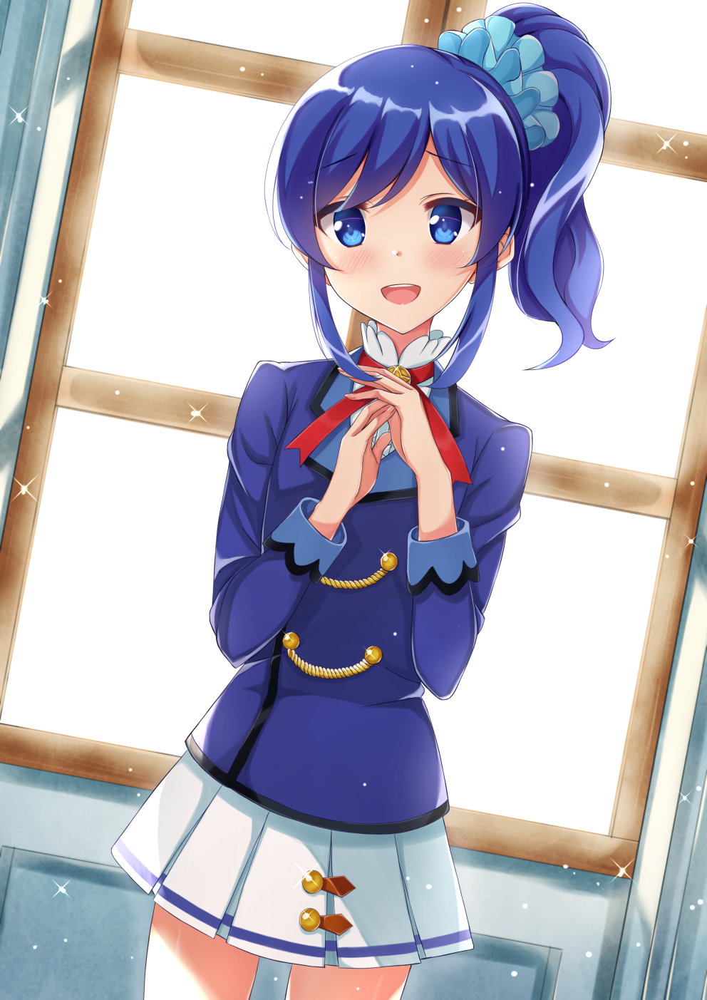 1girl :d aikatsu! aikatsu!_(series) bangs blue_eyes blue_hair blue_jacket blue_scrunchie blush commentary_request cowboy_shot day dutch_angle eyebrows_visible_through_hair fingernails hair_ornament hair_scrunchie hands_up highres indoors jacket kiriya_aoi long_hair long_sleeves open_mouth pleated_skirt ponytail round_teeth rurukuru scrunchie shirt side_ponytail sidelocks skirt smile solo starlight_academy_uniform sunlight teeth upper_teeth white_shirt white_skirt window