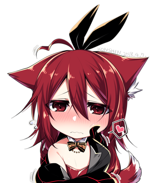 1girl ahoge animal_ears black_bow blush bow bowtie chibi commentary_request dated detached_collar ears_down flying_sweatdrops fox_ears fox_tail hair_between_eyes hair_bow heart konshin looking_at_viewer nose_blush opera_the_vermelho original red_eyes redhead signature simple_background solo spoken_heart tail white_background