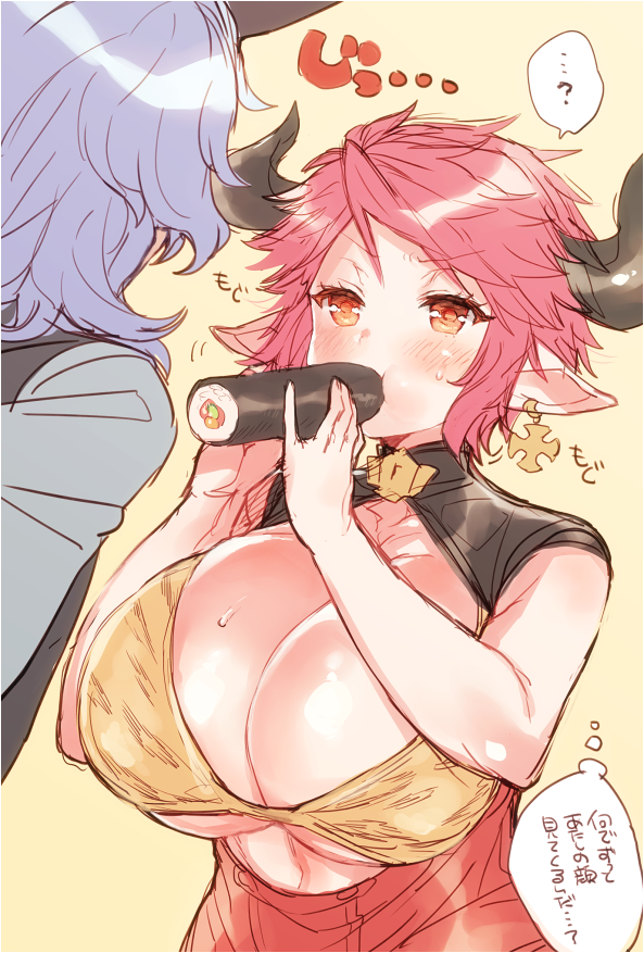 1boy 1girl ? animal_ears bangs bare_arms blue_hair bra breasts brown_background brown_bra collarbone cow_ears cow_horns cross cross_earrings drang_(granblue_fantasy) draph earrings ehoumaki eno_yukimi eyebrows_visible_through_hair food food_in_mouth granblue_fantasy hands_up holding holding_food horns huge_breasts jewelry long_hair long_sleeves looking_at_another makizushi mouth_hold orange_eyes pink_hair pointy_ears shiny shiny_hair shiny_skin short_hair sidelocks simple_background sketch spoken_question_mark sturm_(granblue_fantasy) sushi sweat thought_bubble translated underwear upper_body v-shaped_eyes