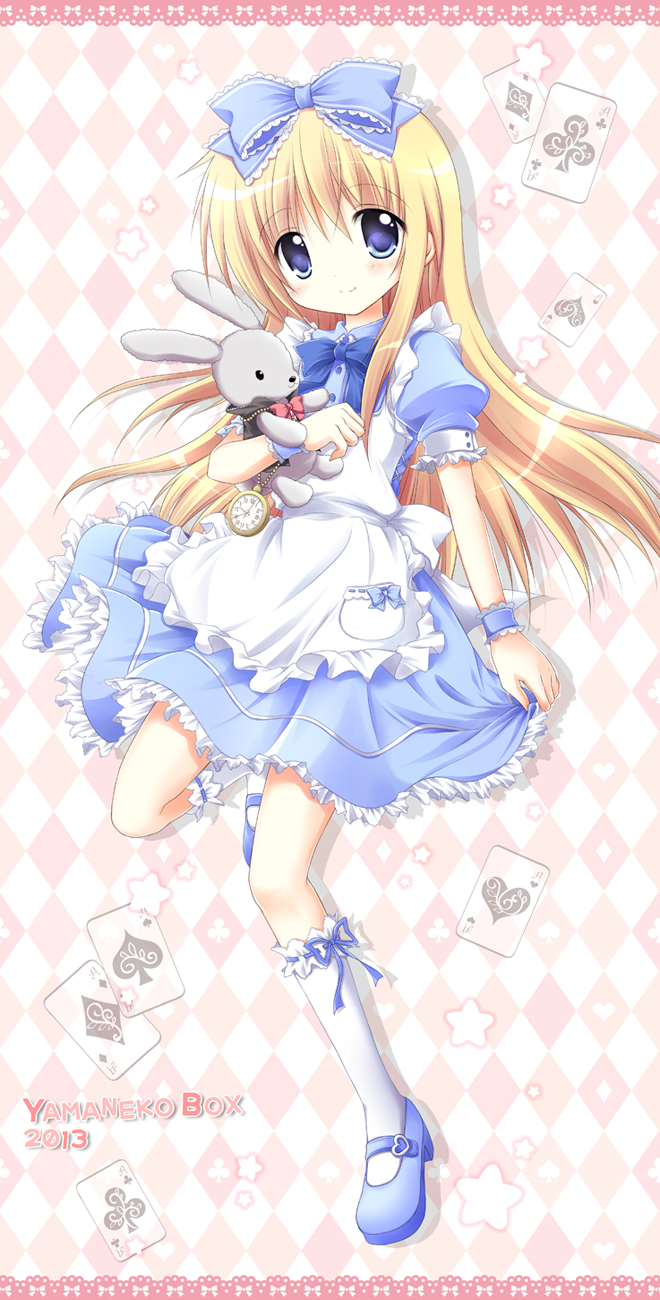 1girl ace_of_clubs ace_of_diamonds ace_of_hearts ace_of_spades alice_(wonderland) alice_in_wonderland apron black_coat blonde_hair blue_bow blue_dress blue_eyes blue_footwear blue_neckwear blue_ribbon blue_wristband blush bow clock_hands club_(shape) diamond_(shape) dress hair_bow heart highres holding holding_stuffed_animal light_blue_dress long_hair looking_at_viewer nanase_miori necktie pocket_watch puffy_short_sleeves puffy_sleeves rabbit red_neckwear ribbon shoes short_sleeves smile solo spade_(shape) star starry_background stuffed_animal stuffed_bunny stuffed_toy watch white_legwear white_rabbit wristband