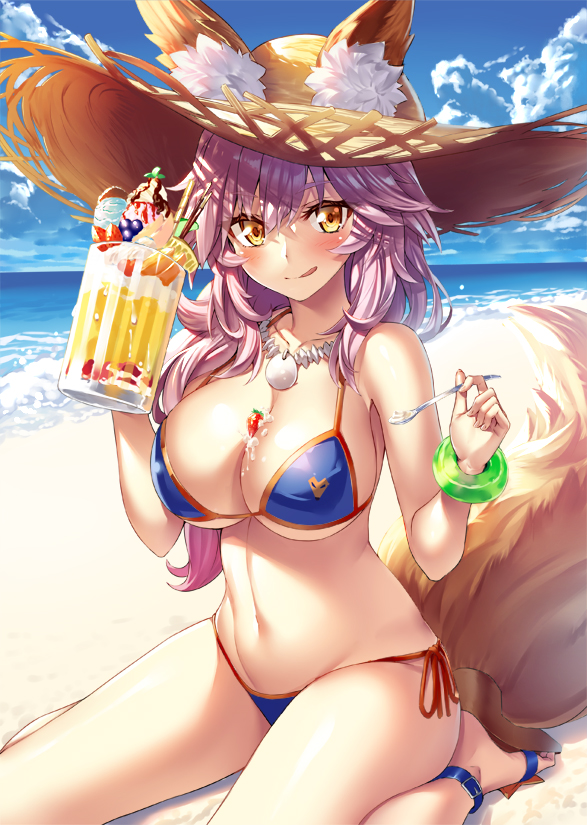 1girl :q animal_ears bangle barefoot beach bikini blue_sky blurry blush bracelet breasts cleavage clouds collarbone covered_nipples cup depth_of_field eyebrows_visible_through_hair fate/grand_order fate_(series) food fox_ears fox_tail fruit groin hair_between_eyes hat heirou holding holding_cup holding_spoon ice_cream jewelry large_breasts looking_at_viewer messy_hair mug navel necklace ocean pink_hair sand seiza side-tie_bikini sitting skindentation sky smile solo spoon stomach straw_hat strawberry sundae swimsuit tail tamamo_(fate)_(all) tamamo_no_mae_(swimsuit_lancer)_(fate) thighs tongue tongue_out wariza waves wet yellow_eyes