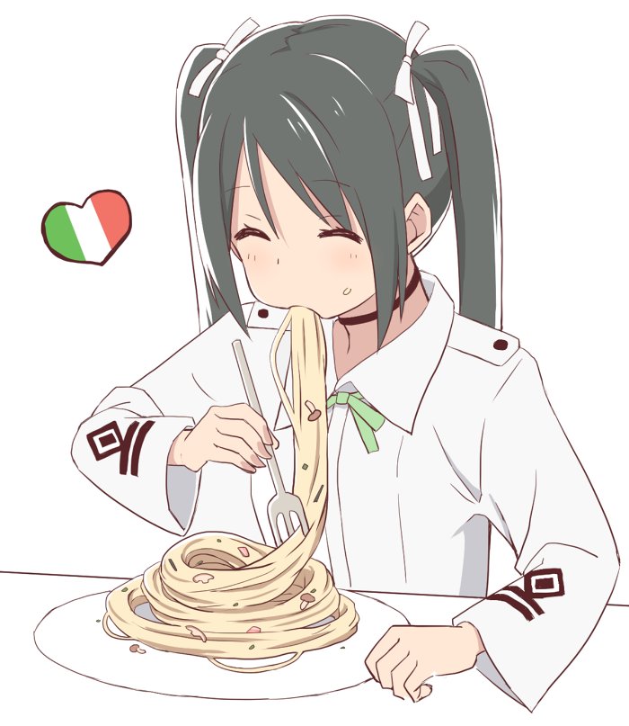 1girl black_hair blush closed_mouth eating food food_on_face fork francesca_lucchini hair_ribbon heart italian_flag long_hair long_sleeves momiji7728 neck_ribbon pasta ribbon solo spaghetti strike_witches twintails world_witches_series