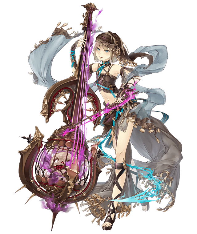 1girl aqua_eyes asymmetrical_clothes bare_shoulders bow_(instrument) brown_hair cage cello flat_chest full_body gretel_(sinoalice) hansel_(sinoalice) instrument jino looking_at_viewer navel official_art revealing_clothes shawl sinoalice smile solo transparent_background