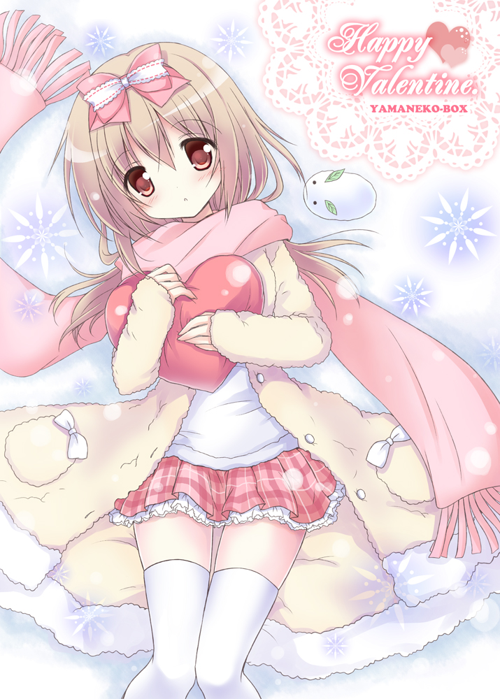 1girl :o blush bow coat english hair_bow happy_valentine heart holding_heart knees_together_feet_apart light_brown_hair long_hair long_scarf long_sleeves looking_at_viewer nanase_miori original pink_bow pink_scarf pink_skirt plaid plaid_skirt pleated_skirt red_eyes scarf shirt skirt snowflake_background solo thigh-highs valentine white_background white_bow white_legwear white_shirt