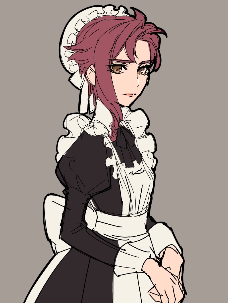 1girl alternate_costume apron asymmetrical_hair black_dress brown_eyes closed_mouth commentary_request dress enmaided genderswap genderswap_(mtf) grey_background jojo_no_kimyou_na_bouken juliet_sleeves kakyouin_noriaki kotatsu_(g-rough) long_sleeves maid maid_apron maid_headdress puffy_sleeves redhead sidelocks simple_background sketch solo standing stardust_crusaders white_apron