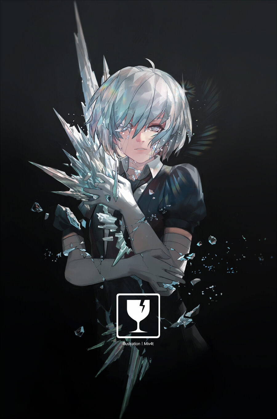 1other ahoge androgynous artist_name black_background black_neckwear black_shirt collared_shirt commentary cracked_skin cropped_torso crying crying_with_eyes_open crystal_hair diamond_(houseki_no_kuni) elbow_gloves gem_uniform_(houseki_no_kuni) glint gloves highres houseki_no_kuni long_hair looking_at_viewer mivit necktie parted_lips self_hug shatter shirt short_sleeves silver_hair simple_background smile solo spikes tears upper_body white_gloves white_shirt wing_collar