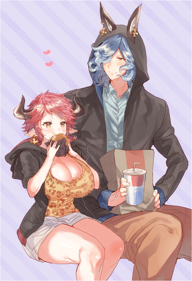 1boy 1girl animal_ears animal_print bangs black_jacket blue_hair blue_shirt blush breasts brown_eyes brown_pants brown_shirt casual cheek_bulge cleavage closed_mouth collared_shirt couple cow_ears cow_horns cross cross_earrings cup curvy diagonal-striped_background diagonal_stripes draph dress_shirt drinking_straw earrings ears_through_headwear eating eno_yukimi eyebrows_visible_through_hair fast_food food granblue_fantasy hair_over_one_eye hamburger heart height_difference holding holding_food hood hood_down hood_up hooded_jacket horns huge_breasts jacket jewelry leopard_print long_hair long_sleeves looking_at_another looking_away looking_down open_clothes open_jacket pants pink_hair print_shirt purple_background shiny shiny_hair shirt short_hair short_sleeves shorts sidelocks sitting smile striped striped_background sturm_(granblue_fantasy) wavy_hair white_shorts wing_collar