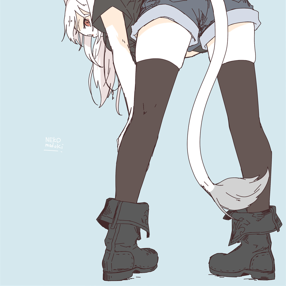 1girl animal_ears black_legwear blue_background boots cat_ears cat_tail final_fantasy final_fantasy_xiv leaning_forward legs_apart lili_mdoki long_hair looking_at_viewer looking_back miqo'te red_eyes shorts signature sketch solo standing tail thigh-highs white_hair