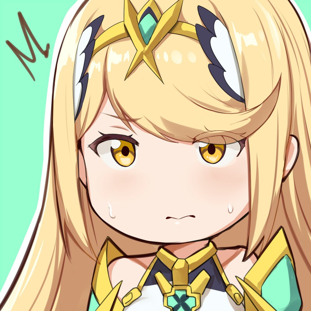 /\/\/\ 1girl bangs blonde_hair blush chibi circlet closed_mouth commentary embarrassed english_commentary eyes_visible_through_hair green_background hews_hack mythra_(xenoblade) looking_at_viewer outline simple_background solo sweatdrop swept_bangs upper_body white_outline xenoblade_(series) xenoblade_2 yellow_eyes