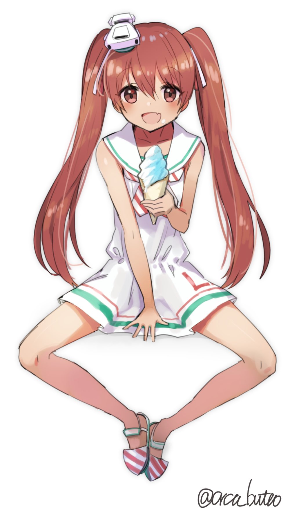 1girl brown_eyes brown_hair dress fang food hat highres horizontal_stripes ice_cream ice_cream_cone kantai_collection libeccio_(kantai_collection) long_hair looking_at_viewer open_mouth sailor_dress simple_background sitting sleeveless sleeveless_dress solo spread_legs striped twintails twitter_username white_background yamashiki_(orca_buteo)