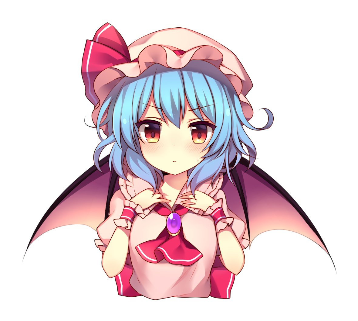 1girl ascot bat_wings blush brooch commentary_request cropped_torso eyebrows_visible_through_hair frilled_shirt_collar frills hands_up hat hat_ribbon jewelry looking_at_viewer mob_cap pink_hat puffy_short_sleeves puffy_sleeves red_neckwear red_ribbon remilia_scarlet ribbon ruhika short_hair short_sleeves simple_background solo touhou upper_body v-shaped_eyebrows white_background wings