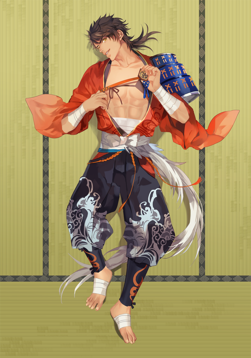 1boy armor barefoot brown_hair from-above japanese_armor japanese_clothes long_hair lying male_focus mutsu-no-kami_yoshiyuki okki2012 on_back ponytail sarashi sash single_pauldron sode solo touken_ranbu wide_sleeves yellow_eyes