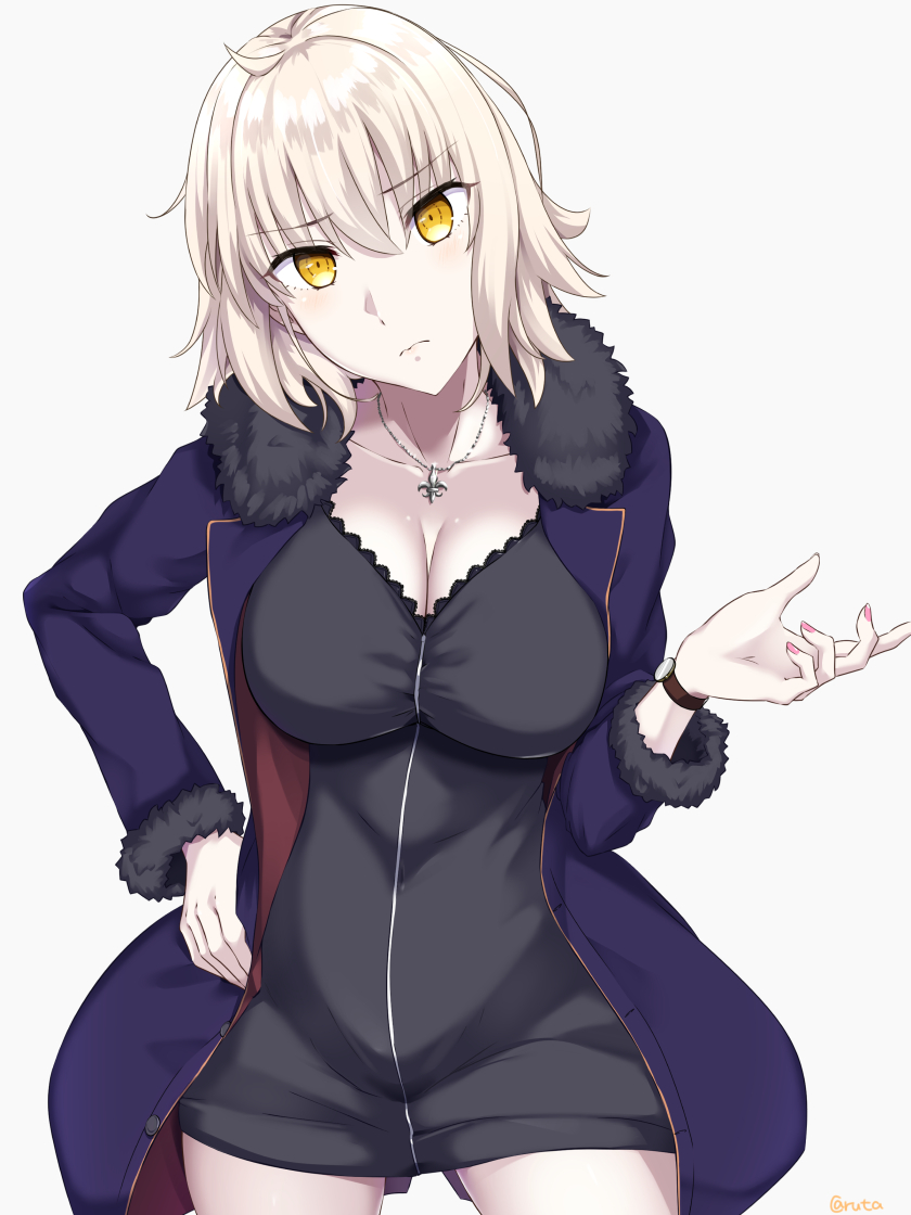 1girl ahoge bangs black_dress black_jacket blue_jacket breasts caruta cleavage coat cowboy_shot dress eyebrows_visible_through_hair fate/grand_order fate_(series) fur-trimmed_coat fur-trimmed_jacket fur-trimmed_sleeves fur_collar fur_trim jacket jeanne_d'arc_(alter)_(fate) jeanne_d'arc_(fate)_(all) jewelry large_breasts necklace open_clothes open_coat open_jacket short_dress short_hair silver_hair simple_background solo twitter_username white_background wicked_dragon_witch_ver._shinjuku_1999 wristband yellow_eyes zipper