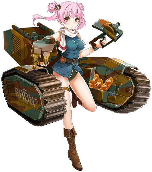 1girl baguette belt bread breasts brown_eyes brown_footwear cannon caterpillar_tracks char_b1 char_b1_(panzer_waltz) food ground_vehicle hair_ornament large_breasts military military_vehicle motor_vehicle official_art panzer_waltz personification pink_hair scarf solo tank transparent_background turret twintails