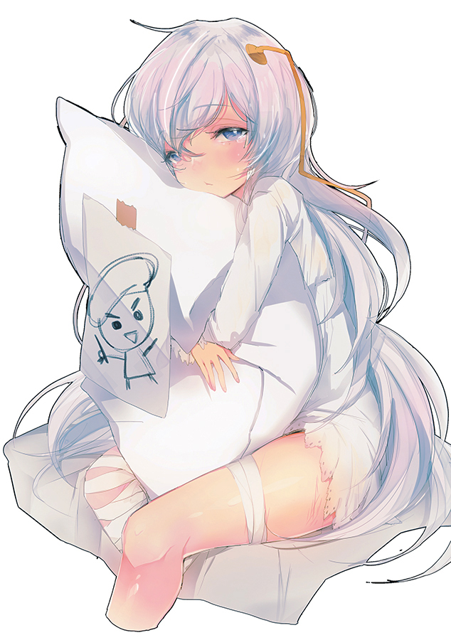 1girl bandage bandaged_leg bangs blue_eyes blush closed_mouth dress eyebrows_visible_through_hair girls_frontline hair_between_eyes half-closed_eyes intravenous_drip long_hair looking_at_viewer peanutc pillow pillow_hug ribeyrolles_1918_(girls_frontline) sidelocks silver_hair simple_background sitting solo tearing_up very_long_hair wavy_hair white_background