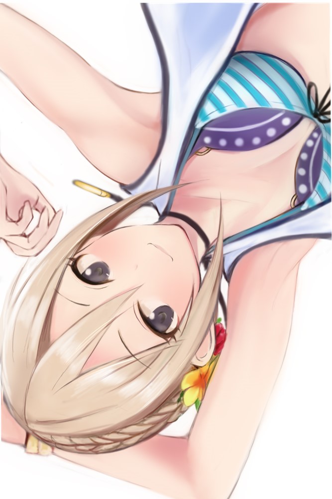 1girl armpits bikini_top black_ribbon blonde_hair breasts cleavage eyebrows_visible_through_hair flower grey_eyes hair_between_eyes hair_flower hair_ornament idolmaster idolmaster_cinderella_girls idolmaster_cinderella_girls_starlight_stage looking_at_viewer medium_breasts nannacy7 ribbon shiomi_shuuko short_hair simple_background sleeveless smile solo white_background yellow_flower