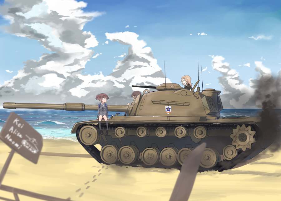 3girls alisa_(girls_und_panzer) beach blonde_hair blue_eyes brown_hair caterpillar_tracks clouds emblem girls_und_panzer ground_vehicle gun kay_(girls_und_panzer) long_hair machine_gun military military_vehicle motor_vehicle multiple_girls naomi_(girls_und_panzer) sand saunders_(emblem) saunders_school_uniform school_uniform short_hair sky smile smoke tank tsuru_(tsubasa1993621) twintails water weapon