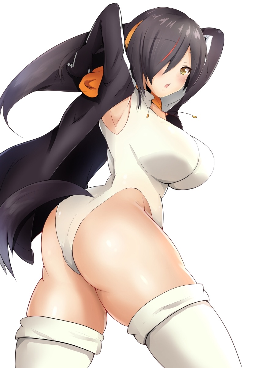 1girl absurdres armpits arms_behind_head ass bangs black_hair black_jacket blush breasts brown_eyes commentary cowboy_shot curvy emperor_penguin_(kemono_friends) eyebrows_visible_through_hair from_side hair_over_one_eye headphones highleg highleg_leotard highres hood hoodie jacket kemono_friends kirikan large_breasts leotard long_hair looking_at_viewer looking_back multicolored_hair open_mouth short_hair simple_background solo standing tail thighs white_background white_legwear white_leotard