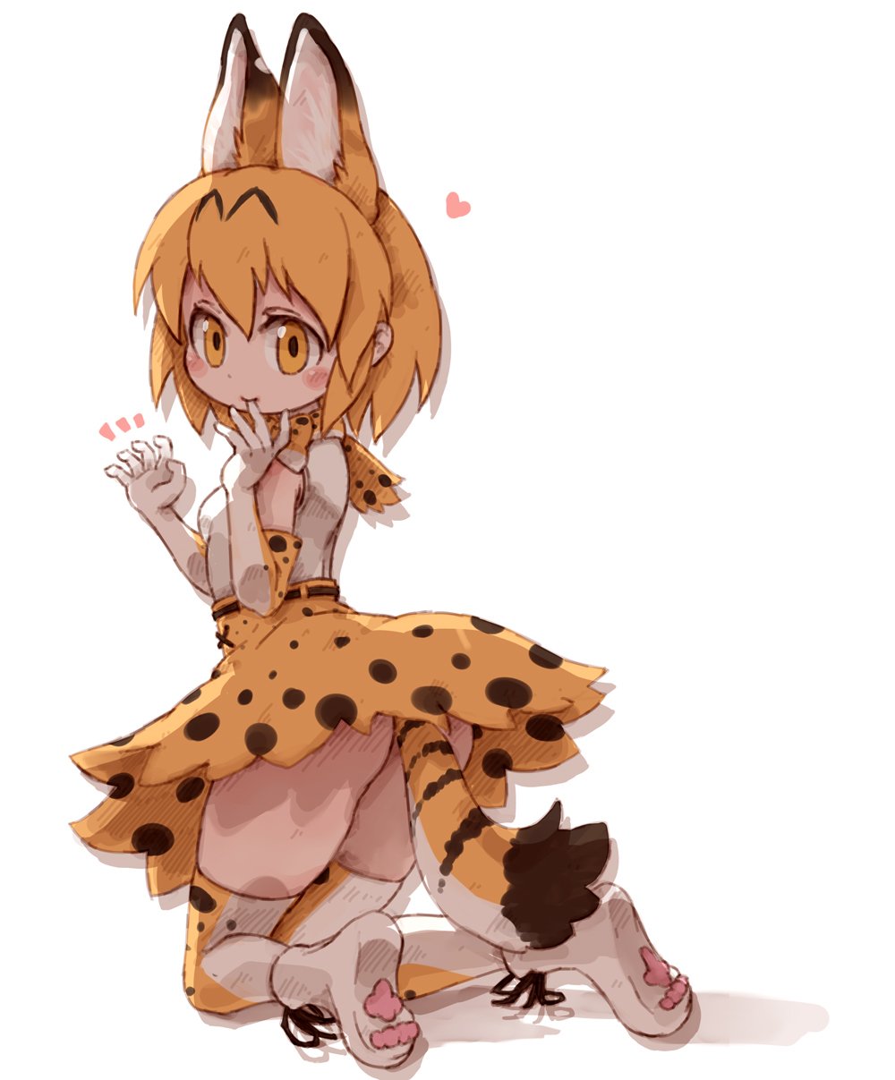 1girl animal_ears ass bangs belt black_belt blush boots bow breasts closed_mouth extra_ears finger_in_mouth from_behind full_body gloves hair_between_eyes hands_up heart high-waist_skirt highres kemono_friends kneeling knees_together_feet_apart kolshica looking_at_viewer looking_back multicolored multicolored_bow multicolored_clothes multicolored_gloves multicolored_legwear multicolored_neckwear no_eyebrows orange_bow orange_eyes orange_gloves orange_hair orange_legwear orange_neckwear orange_skirt paws serval_(kemono_friends) serval_ears serval_tail shirt short_hair silhouette simple_background skirt sleeveless sleeveless_shirt small_breasts smile solo striped_tail tail white_background white_bow white_footwear white_gloves white_legwear white_neckwear white_shirt