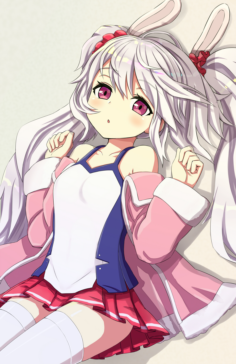 1girl animal_ears azur_lane bangs bare_shoulders brown_background camisole collarbone commentary_request eyebrows_visible_through_hair fur-trimmed_jacket fur-trimmed_sleeves fur_trim hair_between_eyes hair_ornament hair_scrunchie hands_up highres jacket jd_(bibirijd) laffey_(azur_lane) long_hair long_sleeves looking_at_viewer off_shoulder open_clothes open_jacket parted_lips pink_jacket pleated_skirt rabbit_ears red_scrunchie red_skirt scrunchie silver_hair skirt solo thigh-highs twintails very_long_hair violet_eyes white_camisole white_legwear