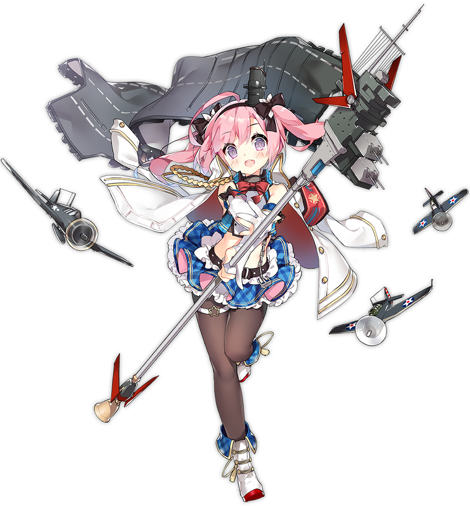 1girl ahoge aircraft armband azur_lane black_legwear cannon detached_sleeves full_body hair_ribbon headband looking_at_viewer military_jacket official_art pantyhose pink_hair remodel_(azur_lane) ribbon saratoga_(azur_lane) saru solo staff transparent_background twintails