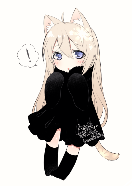 ! 1girl ahoge animal_ears black_dress black_legwear blonde_hair blue_eyes blush cat_ears cat_tail chestnut_mouth chibi commentary_request dress full_body kneehighs konshin long_hair looking_at_viewer original pigeon-toed simple_background sleeves_past_fingers solo spoken_exclamation_mark standing tail white_background