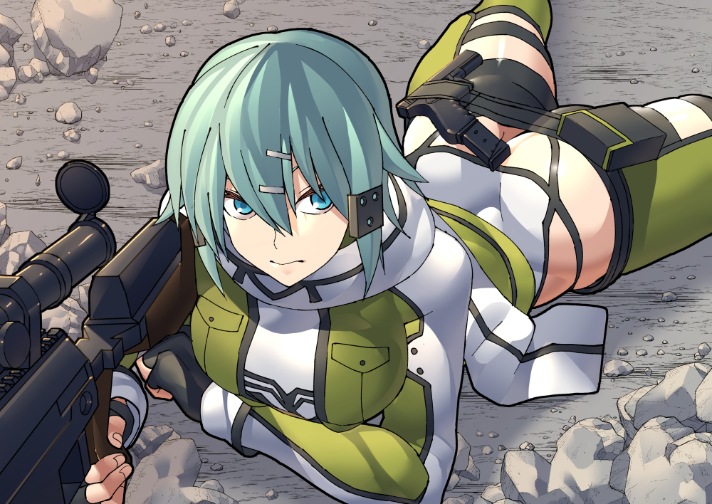 1girl alternate_breast_size anti-materiel_rifle aqua_hair ass black_gloves blue_eyes blue_hair butt_crack fingerless_gloves gloves gun hair_between_eyes hair_ornament hairclip handgun lol_(harikofu) long_sleeves looking_at_viewer lying on_stomach pgm_hecate_ii rifle rock scarf shinon_(sao) short_hair sniper_rifle solo sword_art_online weapon white_scarf