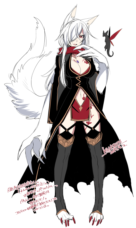 1girl animal_ears black_legwear breasts claws cleavage commentary_request creature dated hair_over_one_eye konshin large_breasts long_hair monster_girl original oversize_forearms parted_lips pelvic_curtain red_eyes signature simple_background solo tail thigh-highs white_background white_hair