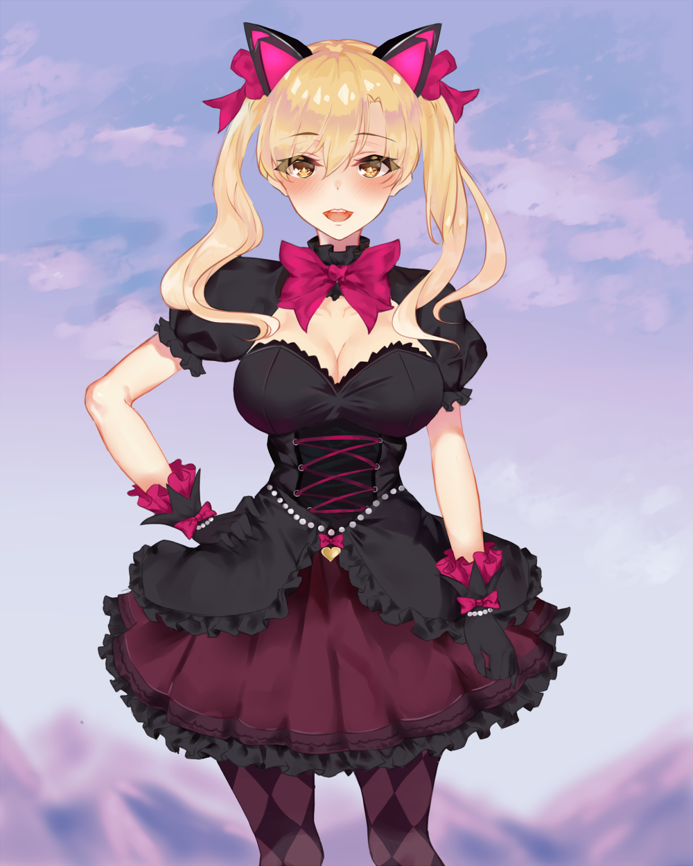 1girl alternate_costume animal_ears argyle argyle_legwear bangs black_cat_d.va black_dress black_gloves blonde_hair blush bow breasts cat_ears cleavage corset cowboy_shot d.va_(overwatch) dress error_dot eyebrows_visible_through_hair frilled_dress frills gloves hair_between_eyes hair_bow hand_on_hip heart highres large_breasts lolita_fashion long_hair looking_at_viewer open_mouth overwatch pantyhose parted_bangs pink_bow puffy_short_sleeves puffy_sleeves short_sleeves solo twintails yellow_eyes