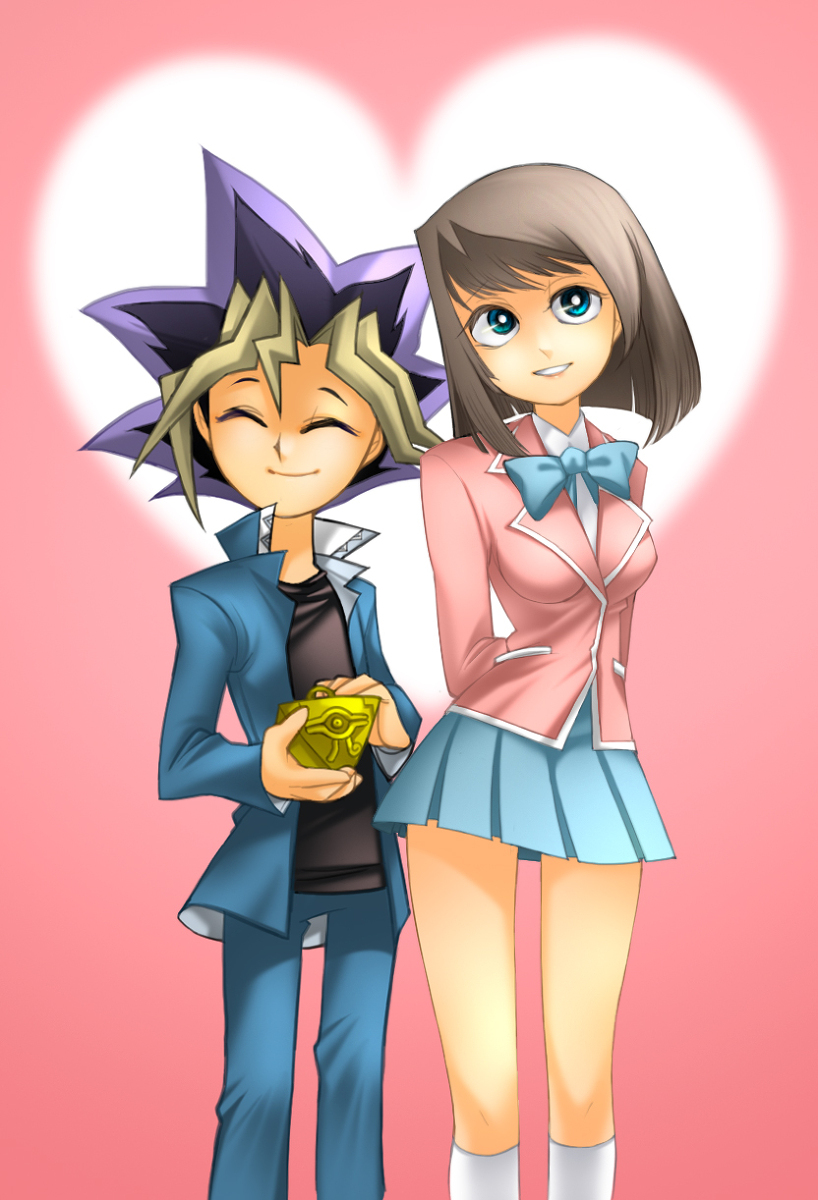 1boy 1girl bad_id bad_pixiv_id blue_eyes breasts brown_hair highres mazaki_anzu mutou_yuugi open_mouth school_uniform short_hair skirt smile winter_(artist) yu-gi-oh! yuu-gi-ou_duel_monsters