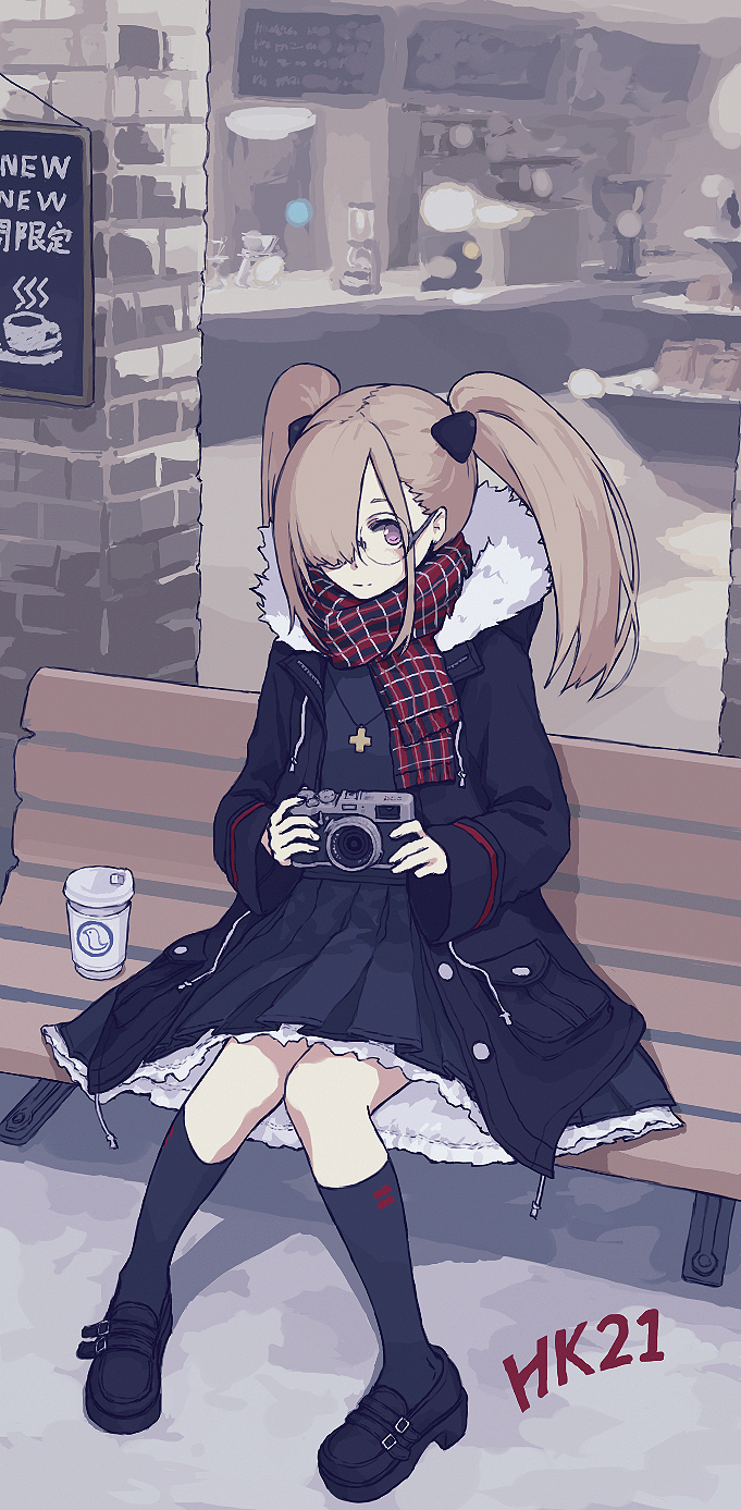 1girl bangs bench black_coat black_dress black_footwear black_legwear buckle cafe camera character_name closed_mouth coat coffee_cup commentary_request cross cross_necklace cup day disposable_cup dot_nose drawstring dress full_body fur-trimmed_hood girls_frontline greek_cross grey_hair hair_ornament hair_over_one_eye highres hk21_(girls_frontline) holding holding_camera hood hood_down hooded_coat jewelry kneehighs knees_together_feet_apart light_smile long_hair long_sleeves looking_at_viewer mary_janes menu_board multicolored multicolored_clothes multicolored_scarf muted_color necklace on_bench open_clothes open_coat outdoors papaia_(quentingqoo) parted_bangs petticoat plaid plaid_scarf pleated_dress rimless_eyewear round_eyewear scarf shoes short_dress short_eyebrows sidelocks sign sitting sitting_on_bench sleeve_cuffs sleeves_past_wrists solo storefront translation_request twintails unbuttoned unzipped violet_eyes window winter winter_clothes winter_coat