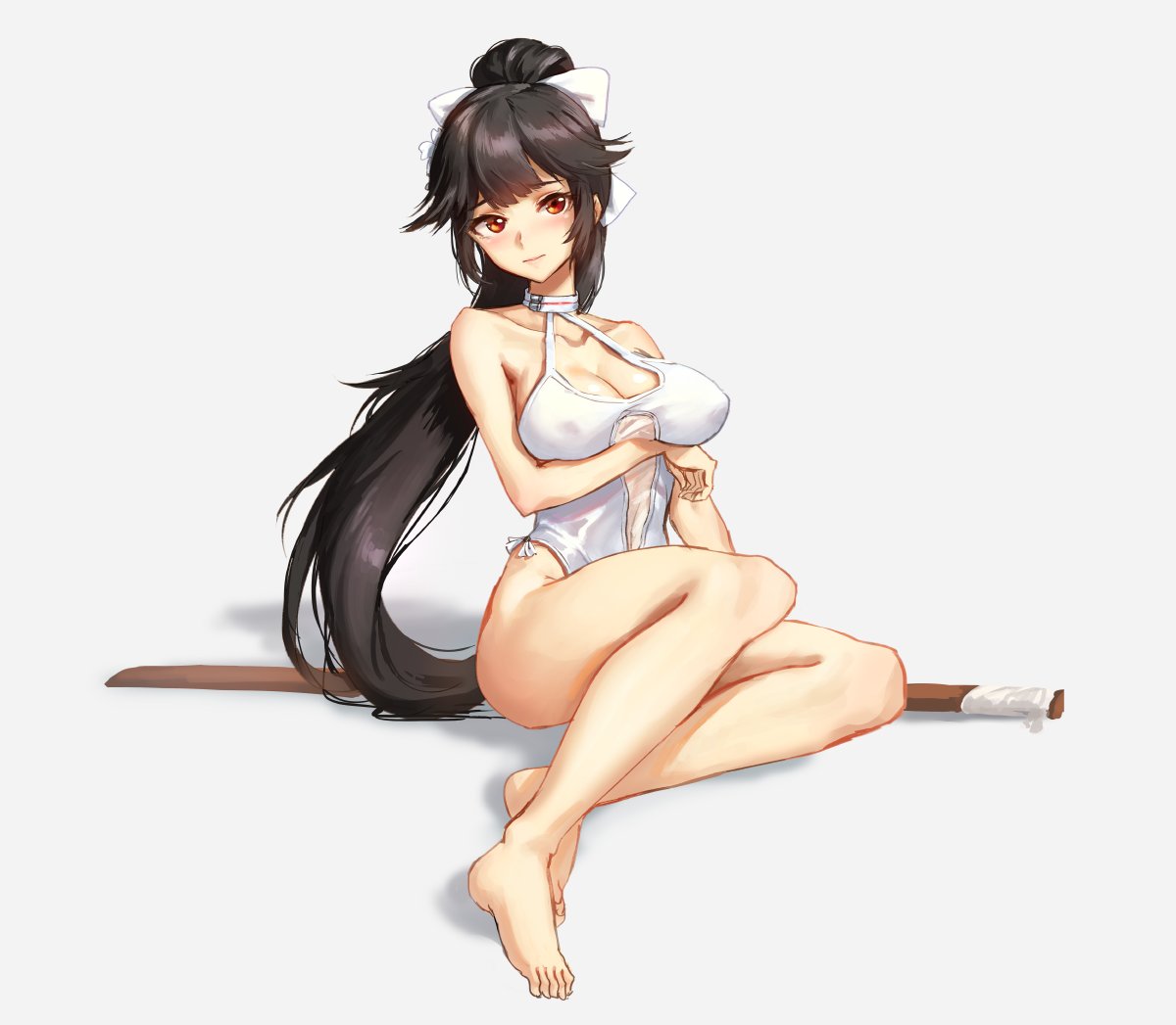 1girl athenawyrm azur_lane black_hair bokken bow brown_eyes casual_one-piece_swimsuit criss-cross_halter full_body hair_bow hair_flaps halterneck long_hair one-piece_swimsuit ponytail ribbon simple_background sitting solo swimsuit sword takao_(azur_lane) weapon white_background white_bow white_ribbon white_swimsuit wooden_sword