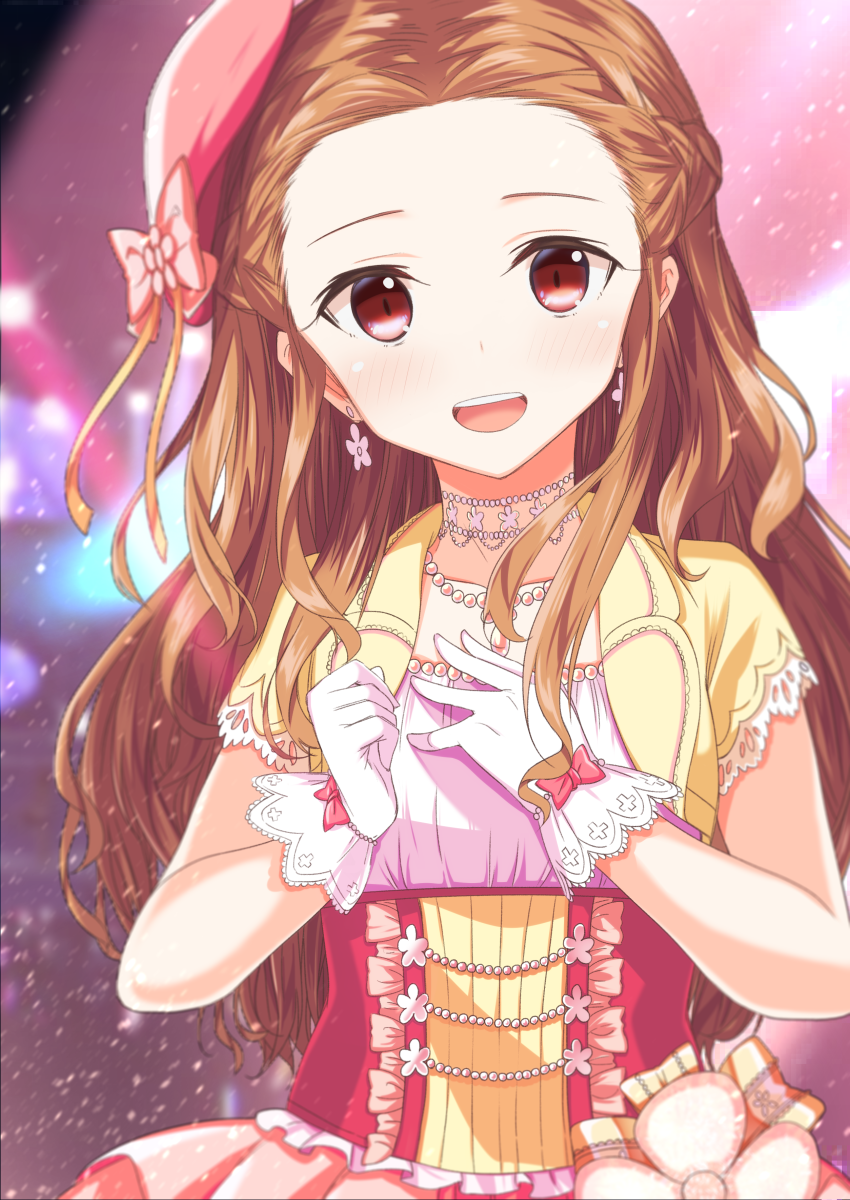 1girl :d blurry blurry_background bow brown_hair collarbone corset earrings gloves hat hat_bow highres idolmaster idolmaster_cinderella_girls idolmaster_cinderella_girls_starlight_stage jewelry long_hair necklace open_mouth ototsu_kei pink_bow pink_hat red_eyes seki_hiromi smile solo standing upper_body white_gloves
