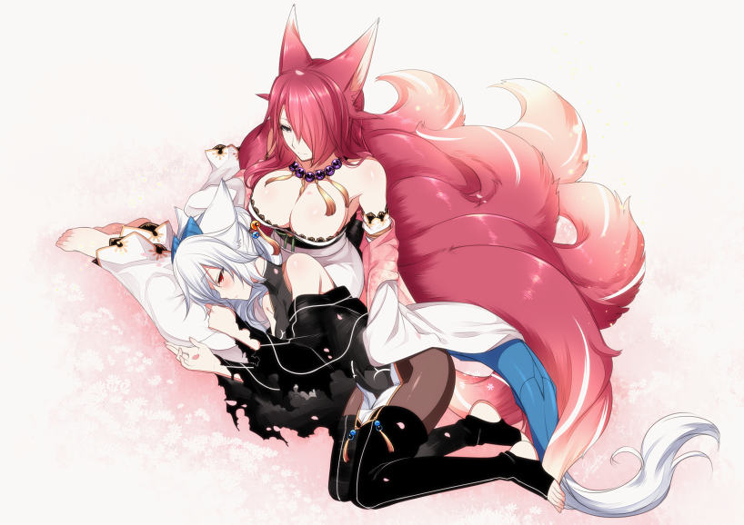 2girls animal_ears bare_shoulders barefoot black_legwear breasts brown_legwear cleavage closed_mouth commentary_request detached_sleeves fox_ears fox_tail hair_over_one_eye japanese_clothes jewelry kimono konshin lap_pillow large_breasts long_sleeves lying multiple_girls multiple_tails necklace obi on_side original pantyhose pearl_necklace red_eyes redhead sash sitting smile stirrup_legwear tail thigh-highs toeless_legwear white_hair white_kimono yokozuwari