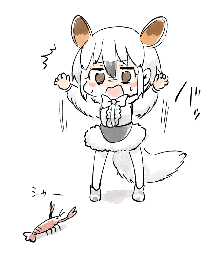 /\/\/\ 1girl animal_ears black_hair blush_stickers bow bowtie commentary extra_ears fur_trim hair_between_eyes hands_up kemono_friends multicolored_hair open_mouth panzuban scared short_hair shrimp simple_background solo southern_tamandua_(kemono_friends) tamandua_ears tamandua_tail two-tone_hair wavy_mouth white_background white_hair