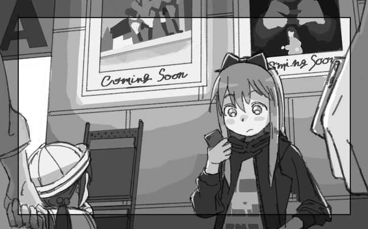 2girls blush_stickers bow cameo casual cellphone chair child closed_mouth expressionless folding_chair frame greyscale hair_bow hair_ornament hat holding holding_cellphone holding_phone jacket long_hair long_sleeves looking_at_another looking_down low_twintails monochrome multiple_girls open_clothes open_jacket outdoors phone poster_(object) raised_eyebrows school_hat smartphone tareme toshinou_kyouko twintails uuo yuru_yuri