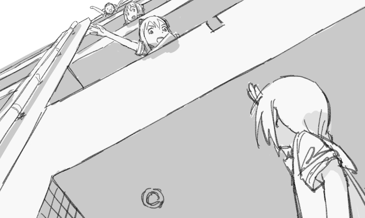 4girls :d akaza_akari apartment arms_up building from_below funami_yui greyscale looking_at_another looking_down looking_up monochrome multiple_girls nanamori_school_uniform open_mouth outdoors pipes pov school_uniform short_hair short_sleeves smile tile_wall tiles toshinou_kyouko uuo waving yoshikawa_chinatsu yuru_yuri