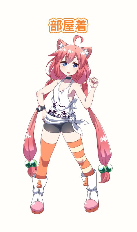 1girl ahoge animal_ears bare_shoulders bike_shorts black_choker blue_eyes boots bright_pupils cat_ears choker clenched_hand commentary_request full_body hair_bobbles hair_ornament hand_on_hip hand_up hinata_channel legs_apart long_hair looking_at_viewer low-tied_long_hair mismatched_legwear nekomiya_hinata open_mouth orange_legwear pigeon-toed pink_hair shirt sleeveless sleeveless_shirt solo standing thigh-highs tied_shirt tomoyohi very_long_hair watch watch white_footwear