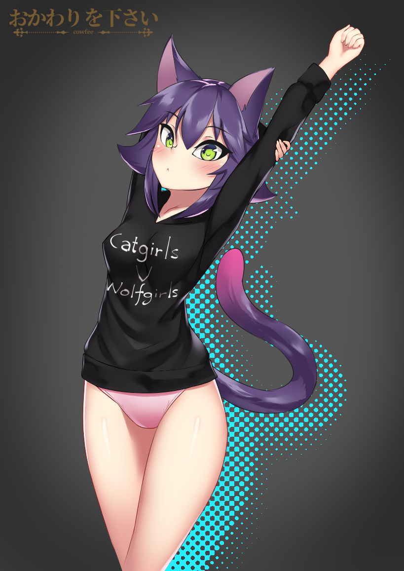 1girl :&lt; animal_ears arm_behind_head arm_up black_shirt blush breasts cat_ears cat_tail clothes_writing commentary cowfee english_commentary eyebrows_visible_through_hair green_eyes hair_between_eyes long_sleeves looking_at_viewer medium_breasts no_pants original panties pink_panties shirt short_hair simple_background solo tail underwear violet_eyes