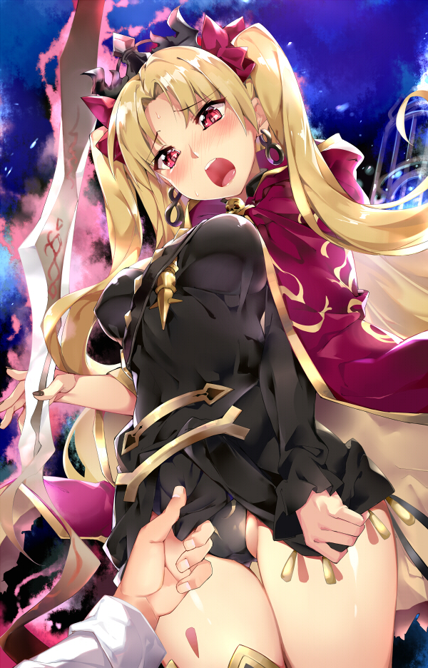 1boy 1girl asymmetrical_sleeves bangs between_breasts black_dress black_leotard black_nails blonde_hair blush breasts cloak commentary_request dress dress_tug earrings embarrassed ereshkigal_(fate/grand_order) eyebrows_visible_through_hair fate/grand_order fate_(series) fingernails from_below fujimaru_ritsuka_(male) glowing glowing_weapon gluteal_fold hair_ribbon head_tilt hidebuu holding holding_weapon hood hood_down hooded_cloak hoop_earrings infinity jewelry large_breasts legs_together leotard long_hair long_sleeves looking_down nail_polish nose_blush open_mouth parted_bangs print_cloak print_leotard red_cloak red_eyes red_ribbon ribbon shiny shiny_hair shiny_skin short_dress single_sleeve skull spine standing sweat thigh_gap tiara two_side_up upper_teeth weapon