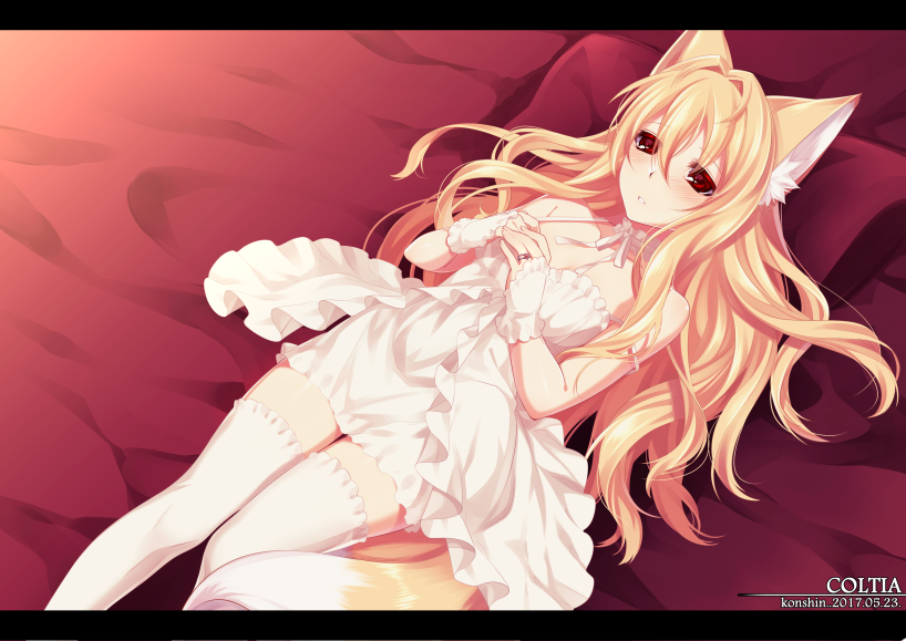 1girl animal_ears blonde_hair blush coltia_fil_fillenz commentary_request dated dress feet_out_of_frame fox_ears fox_tail hair_between_eyes hair_intakes jewelry konshin letterboxed looking_at_viewer lying on_back on_bed original parted_lips pillow red_eyes ring short_dress signature solo tail thigh-highs white_dress white_legwear