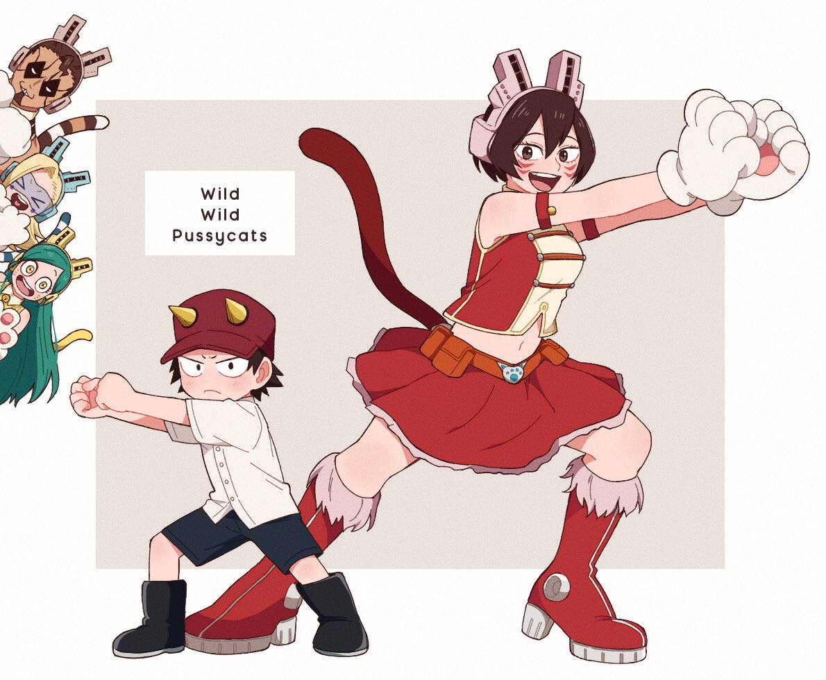 2boys 3girls animal_ears armlet bare_shoulders boku_no_hero_academia boots cat_ears cat_paws cat_tail chatora_yawara child closed_eyes crossdressinging full_body hat high_heel_boots high_heels izumi_kouta multiple_boys multiple_girls navel paws peeking_out pose shiretoko_tomoko short_sleeves shorts simple_background skirt sleeveless smile sousaki_shino tail tsuchikawa_ryuuko whisker_markings white_background