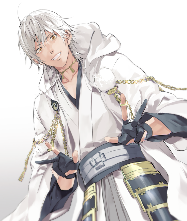 1boy armor chains gloves gradient gradient_background hood japanese_armor japanese_clothes kusazuri looking_at_viewer looking_down male_focus okki2012 partly_fingerless_gloves solo touken_ranbu tsurumaru_kuninaga white_background white_hair wide_sleeves yellow_eyes