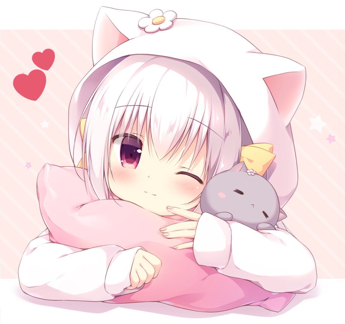 1girl animal_costume animal_ears cat cat_day cat_ears coron_(canvas+garden) heart miyasaka_nako original pillow white_hair