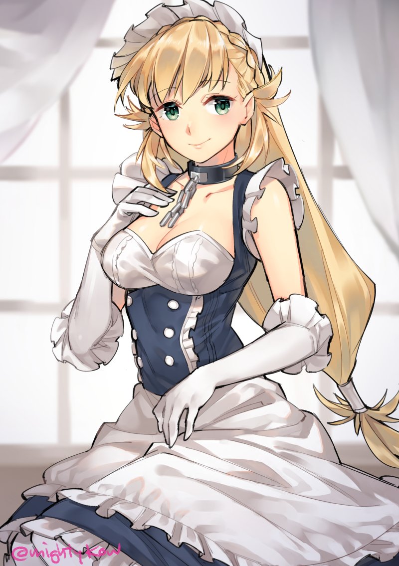 1girl alternate_costume apron azur_lane belfast_(azur_lane) belfast_(azur_lane)_(cosplay) black_dress blonde_hair blush braid breasts chains cleavage cosplay dress elbow_gloves enmaided fire_emblem fire_emblem_heroes gebyy-terar gloves green_eyes long_hair looking_at_viewer maid maid_headdress sharena simple_background smile solo very_long_hair
