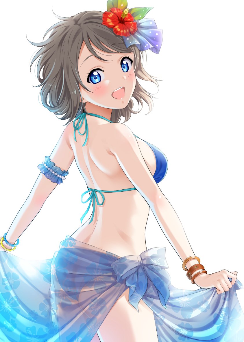 1girl arm_garter ass bikini blue_bikini blue_eyes blush bow breasts brown_hair commentary_request cowboy_shot eyebrows_visible_through_hair from_behind hair_bow looking_at_viewer looking_back love_live! love_live!_sunshine!! medium_breasts open_mouth print_sarong rozen5 sarong sarong_lift see-through short_hair sideboob simple_background solo standing swimsuit watanabe_you white_background