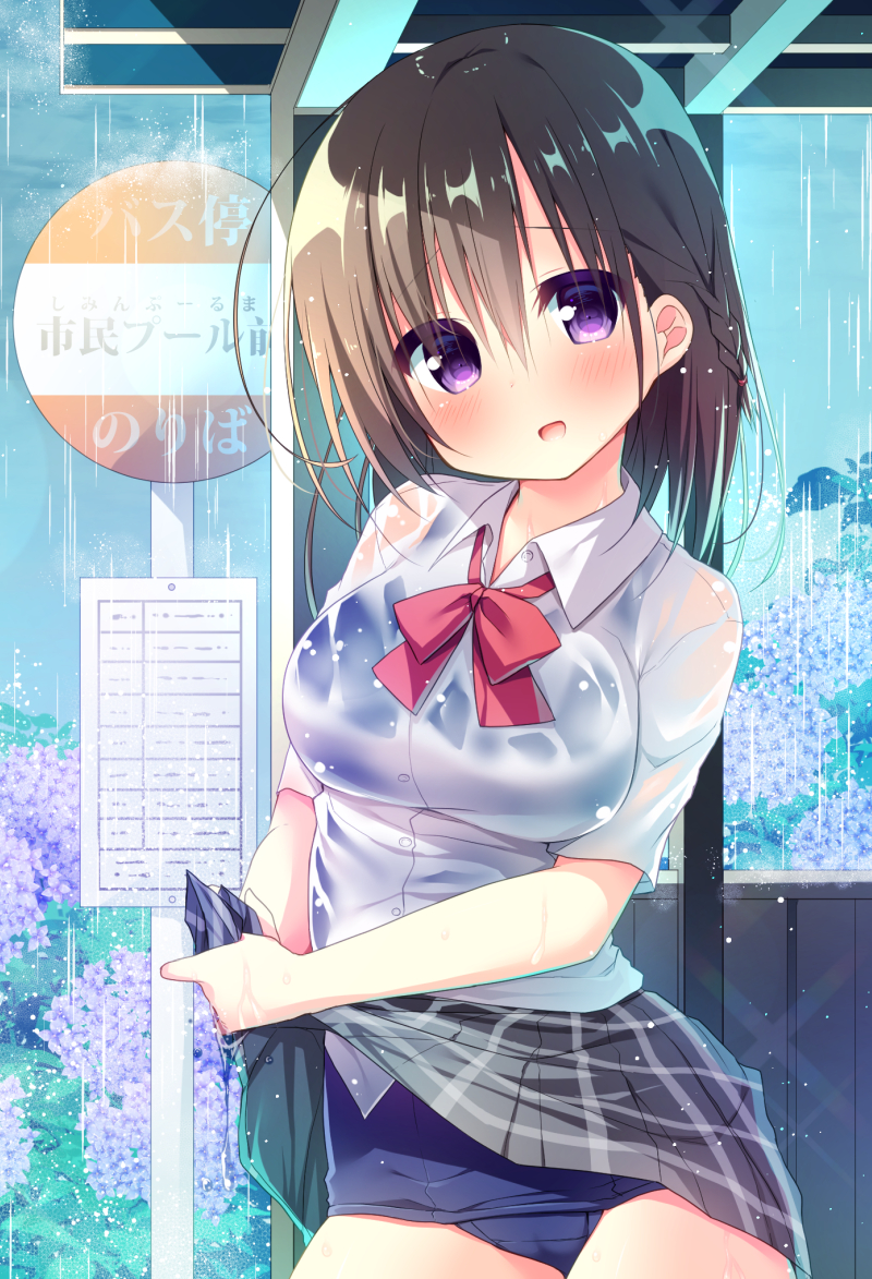 1girl :d bangs blue_swimsuit blush bow brown_hair bus_stop clouds cloudy_sky collared_shirt eyebrows_visible_through_hair flower grey_skirt hair_between_eyes hanamiya_natsuka head_tilt long_hair looking_at_viewer old_school_swimsuit open_mouth original outdoors plaid plaid_skirt pleated_skirt purple_flower rain red_bow school_swimsuit school_uniform see-through shirt skirt sky smile solo swimsuit swimsuit_under_clothes violet_eyes wet wet_clothes wet_shirt white_shirt wringing_clothes wringing_skirt