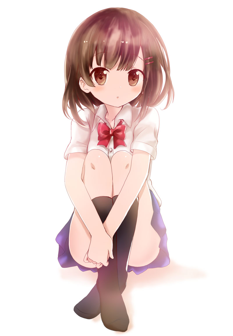 1girl :o black_legwear blue_skirt blush bow bowtie breasts brown_eyes brown_hair collared_shirt commentary_request convenient_leg dress_shirt hair_ornament hairclip kneehighs long_hair massala no_shoes original parted_lips pleated_skirt red_neckwear school_uniform shirt short_sleeves sitting skirt small_breasts solo white_background white_shirt