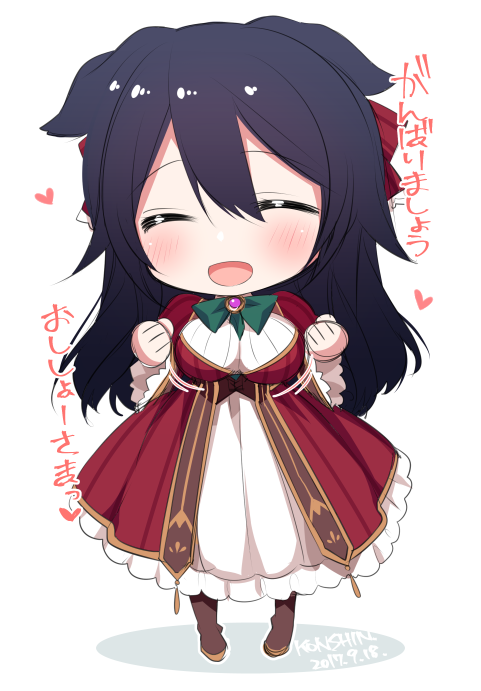 1girl :d ahoge animal_ears black_hair bow bowtie chibi commentary_request dated dress full_body green_neckwear hands_up konshin long_hair open_mouth original red_dress signature simple_background smile solo white_background